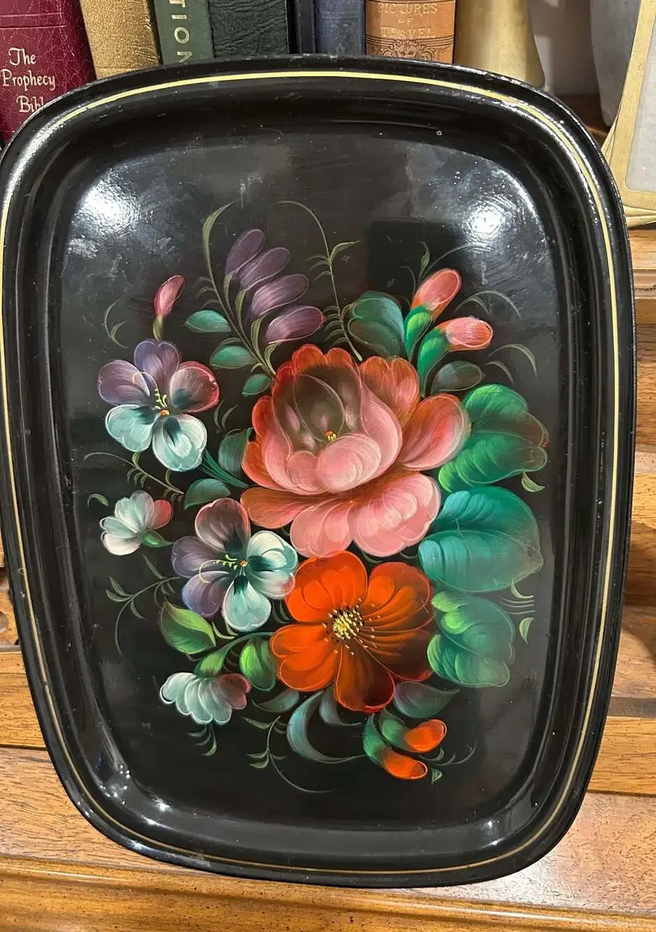 Vintage USSR Soviet Hand Painted Metal Floral Serving Tray